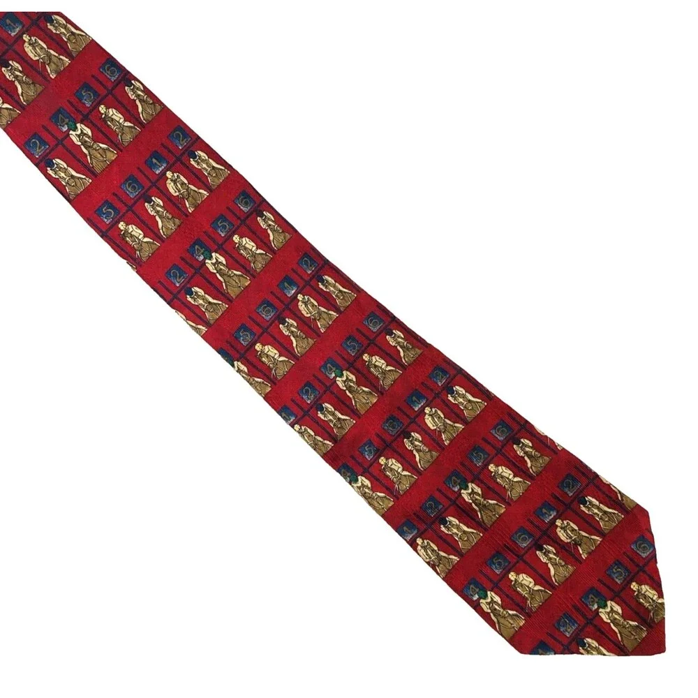 Ferrell Reed Vtg Tie Horse Racing Jockey Red Italian Silk Kentucky Derby USA Y2K